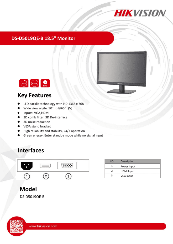 Hikvision DS-D5019QE-B 18.5″ Inch LED Monitor Input HDMI/ VGA