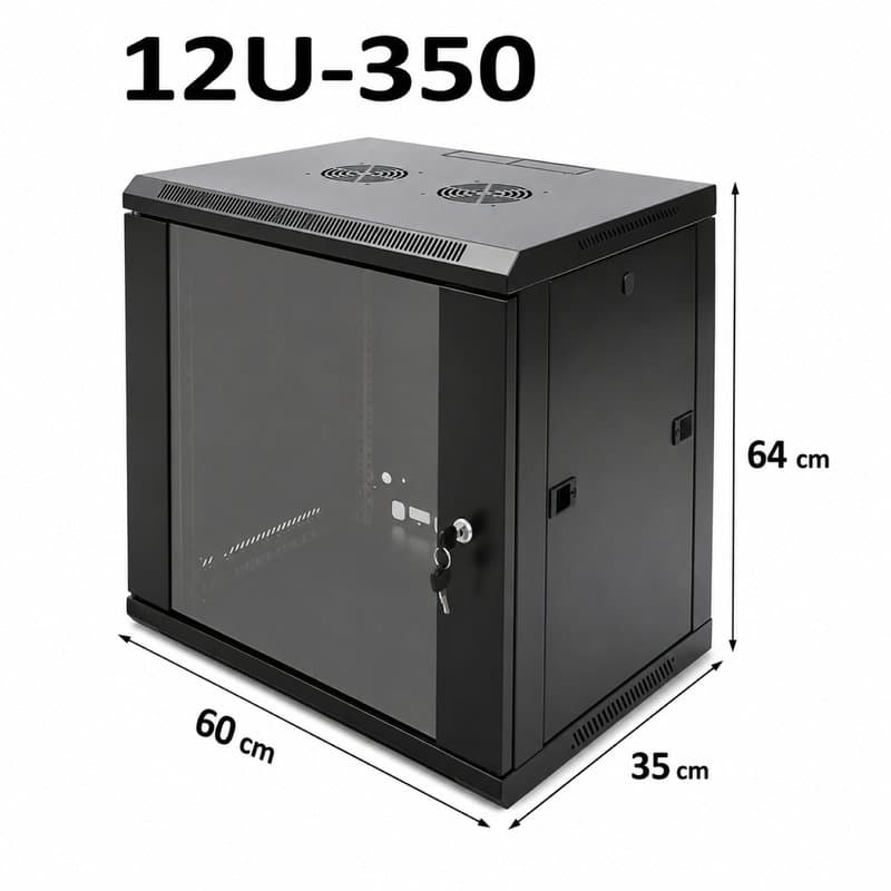 12U-350 Server Rack Data Network Cabinet - Black, Lockable Wall/Floor Mounted thumbnail 2