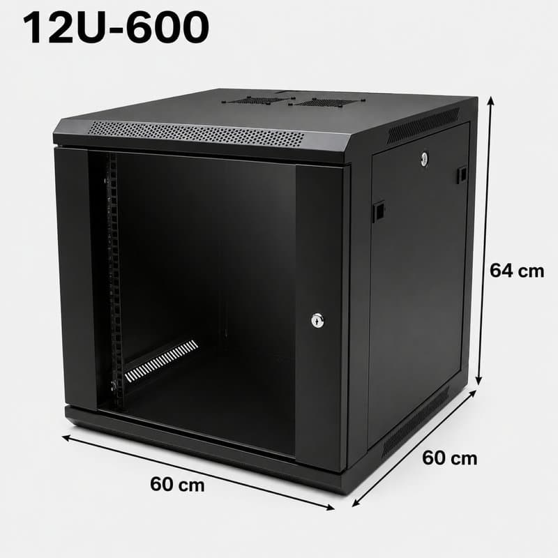 19" 12U Black Data Network Cabinet - Wall-Mount Server & Switch Rack (600mm Depth) thumbnail 2