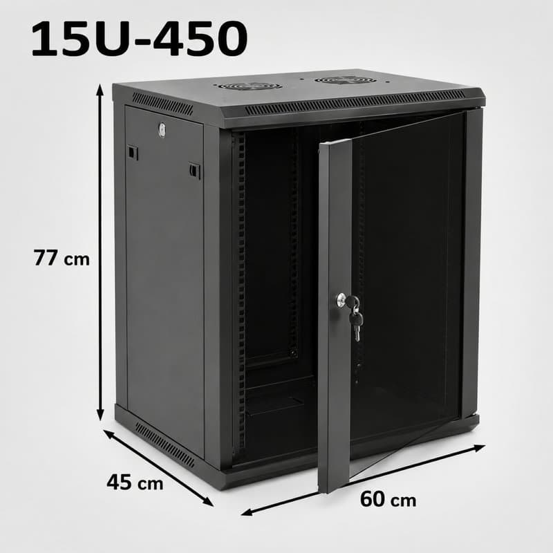 15U 19" Black Data Network Cabinet - Wall-Mount Server Rack (450mm Depth) thumbnail 2