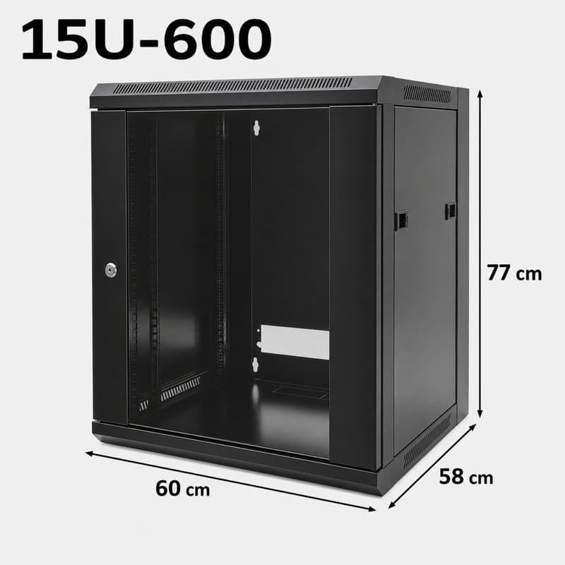 15U 19" Wall Server Rack - Black Network Cabinet (770x600mm) thumbnail 2