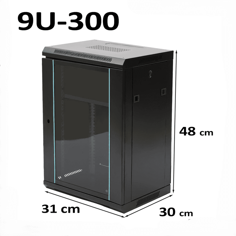 9U 10" Black Network Cabinet - 300mm Wall Rack for Patch Panel, Switch, LAN