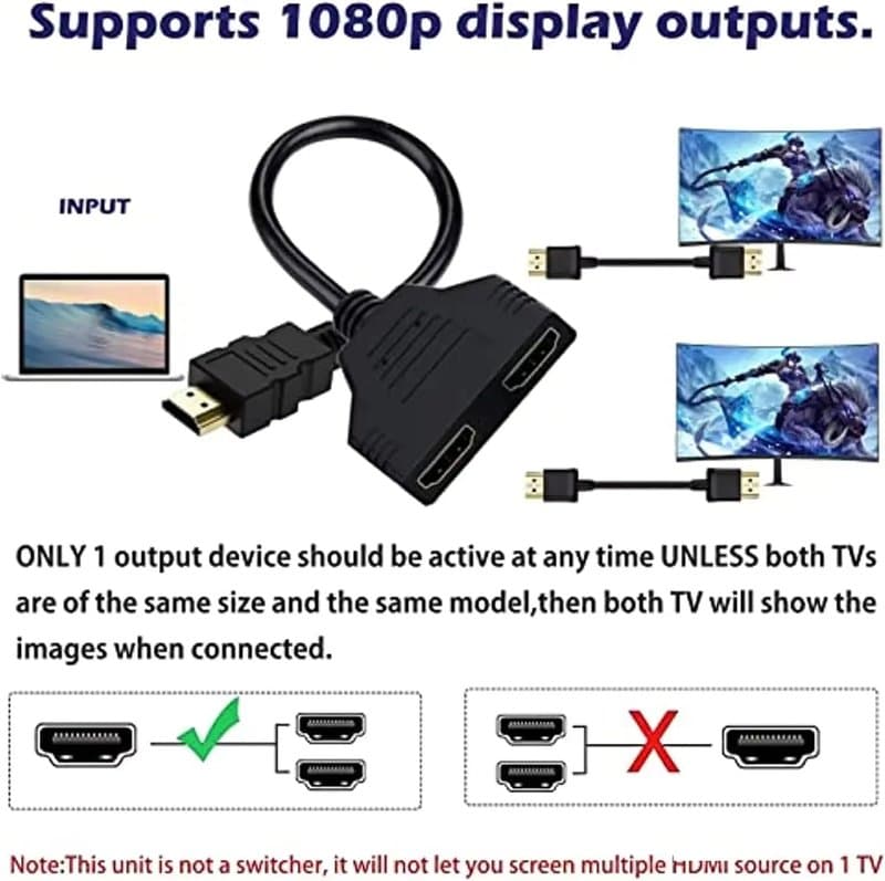 2-Way HDMI Splitter Cable – 1080P HDMI Male to Dual Female 1 in 2 Out Adapter for HDTV, PS3, LED, DVD Players & LCD Projectors thumbnail 10