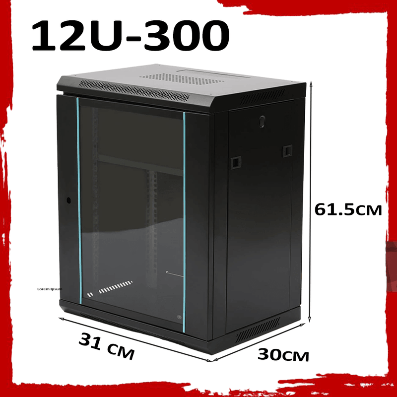 12U Black Server Rack Data Network Cabinet - Wall/Floor Mounted, Lockable