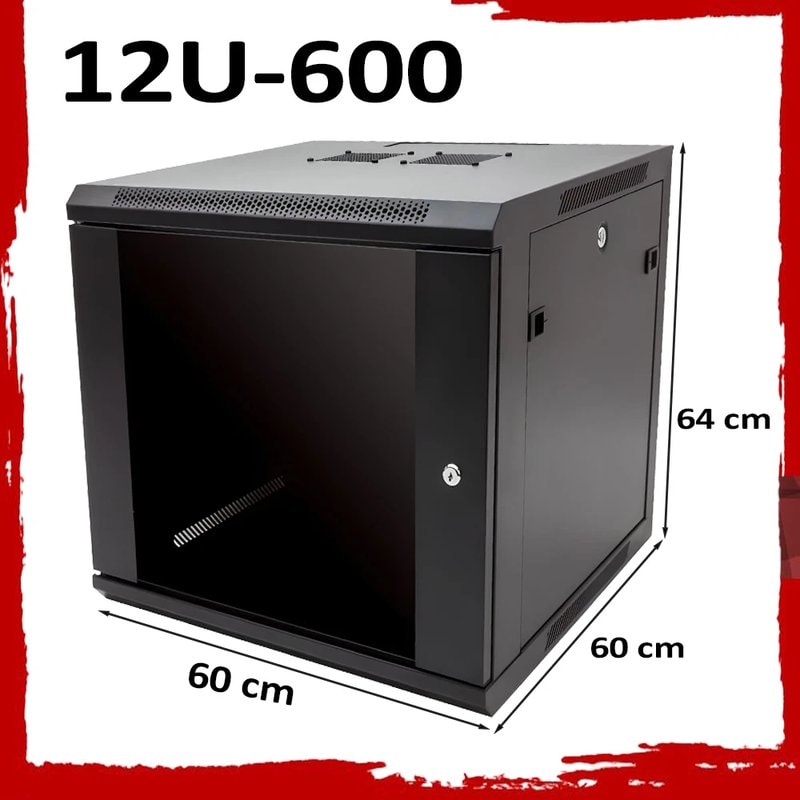 19" 12U Black Data Network Cabinet - Wall-Mount Server & Switch Rack (600mm Depth)