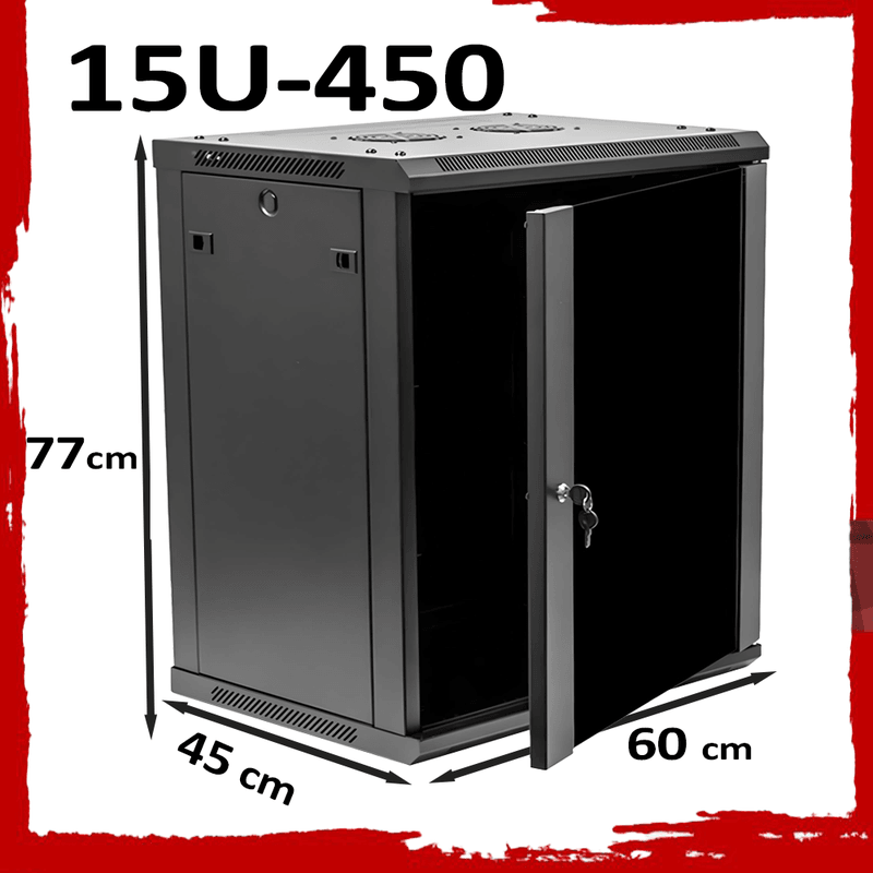 15U 19" Black Data Network Cabinet - Wall-Mount Server Rack (450mm Depth)