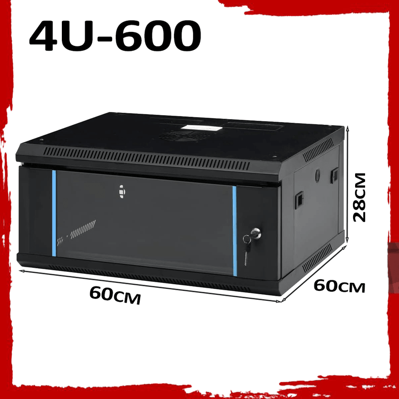 4U wall-mounted 19-inch network rack cabinet, black steel, front view