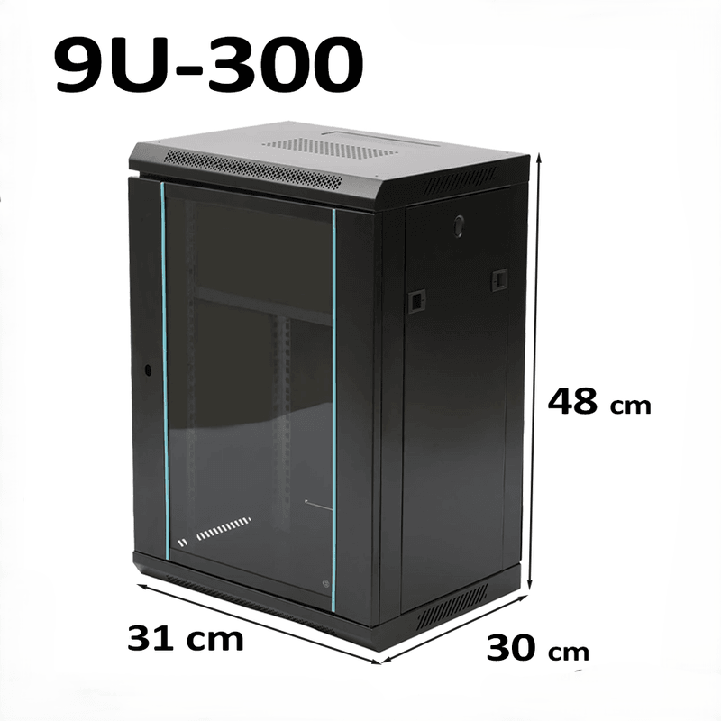 9U 10" Black Network Cabinet - 300mm Wall Rack for Patch Panel, Switch, LAN