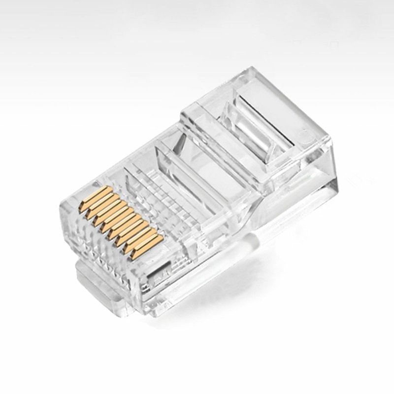 Gold-plated RJ45 8P8C crimp plug with transparent polycarbonate housing, front view