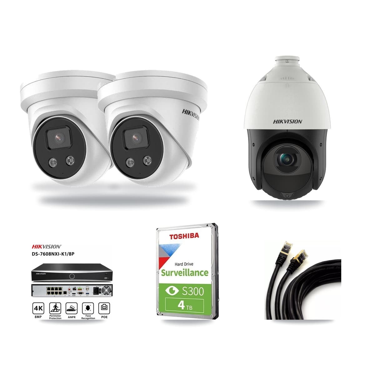 Hikvision 8-Channel 4MP – 5MP CCTV Kit — 2 5MP Turret + 1 4MP PTZ Cameras + 4TB Recording (DS-7608NXI Recorder) - Image 1