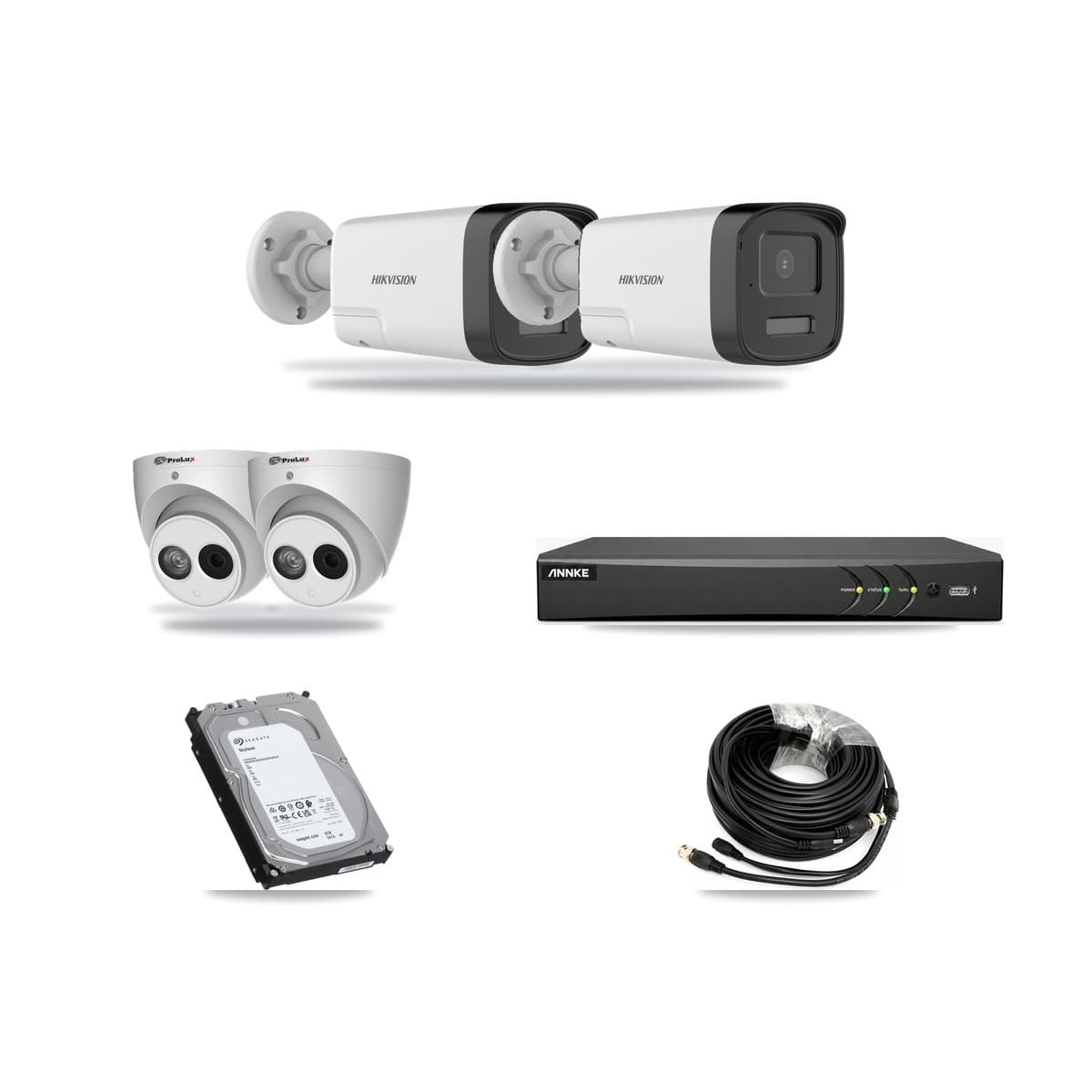4-Channel 4MP – 5MP CCTV Kit — 2 DS-2CE17K0T 5MP Bullet + 2 PXC-612C4W-A 4MP Turret Cameras + 6TB Recording (AN-DV4-8MP Recorder) - Image 1