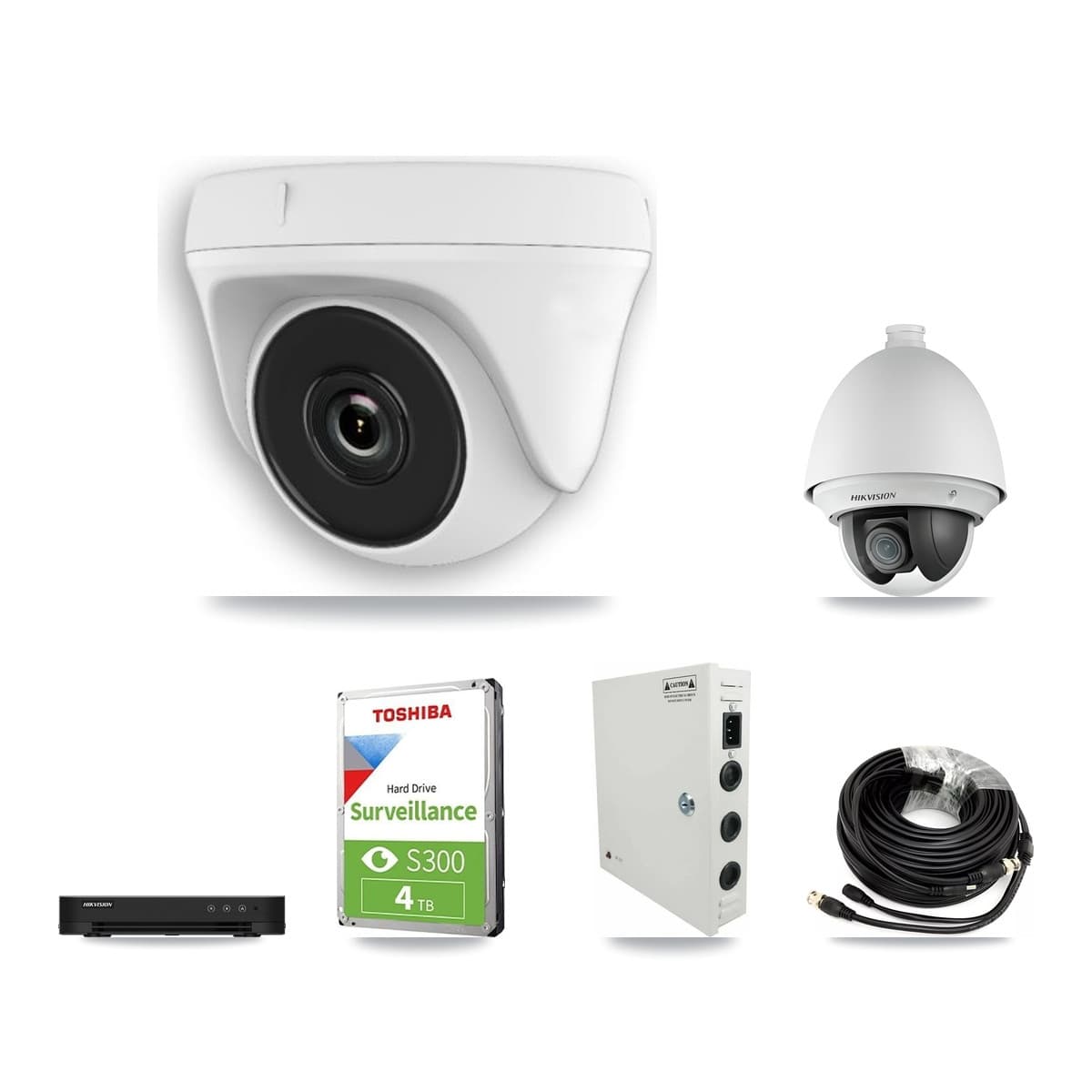 Hikvision 8-Channel 2MP CCTV Kit — 1 DS-2AE4225T PTZ + 5 White HDT-2MP-N20W Dome Cameras + 4TB Recording (DS-7208HGHI Recorder)