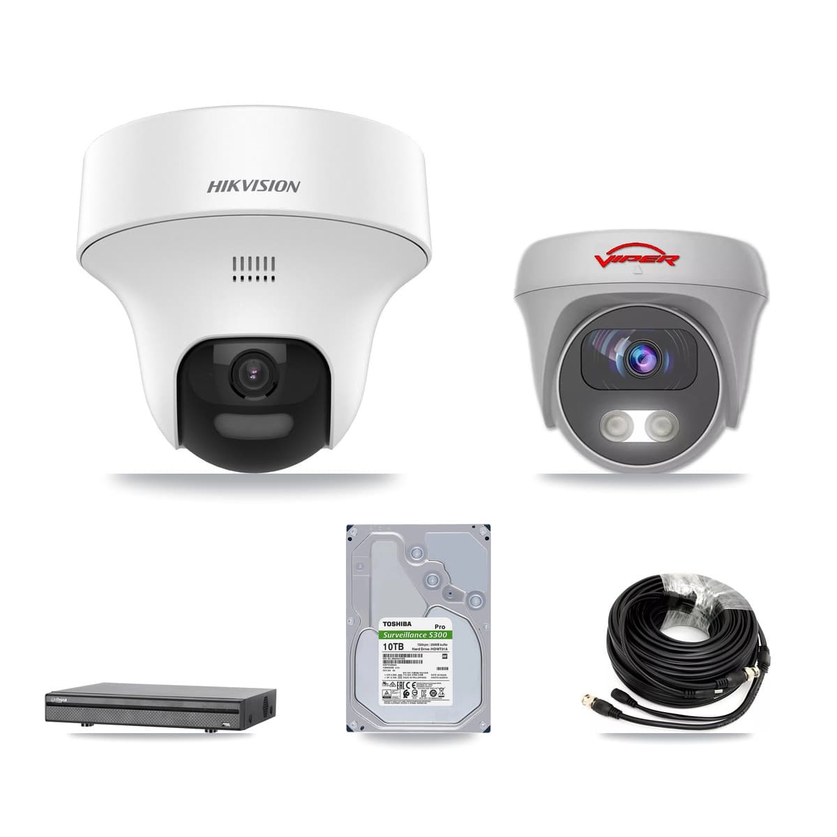 8-Channel 5MP CCTV Kit — 6 DS-2CE70K0T Turret + 1 White VIPER-5MP-3K Cameras + 10TB Recording (DH-XVR5108H Recorder)