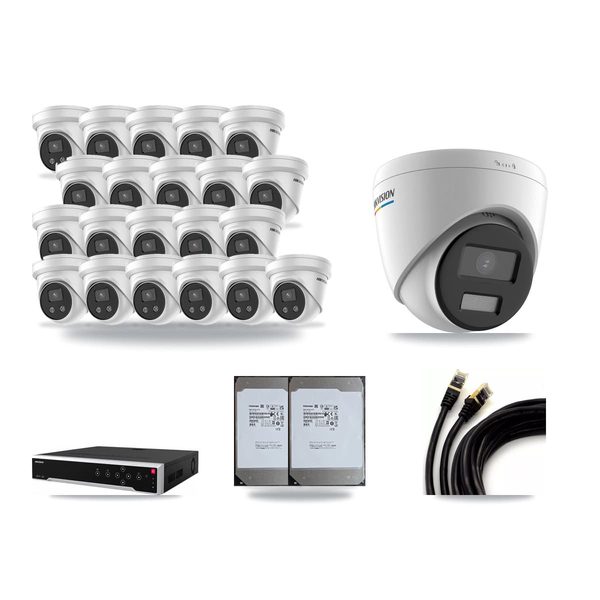 Hikvision 32-Channel 2MP – 5MP CCTV Kit — 1 2MP + 21 5MP Turret Cameras + 2× 14TB Recording - Image 1