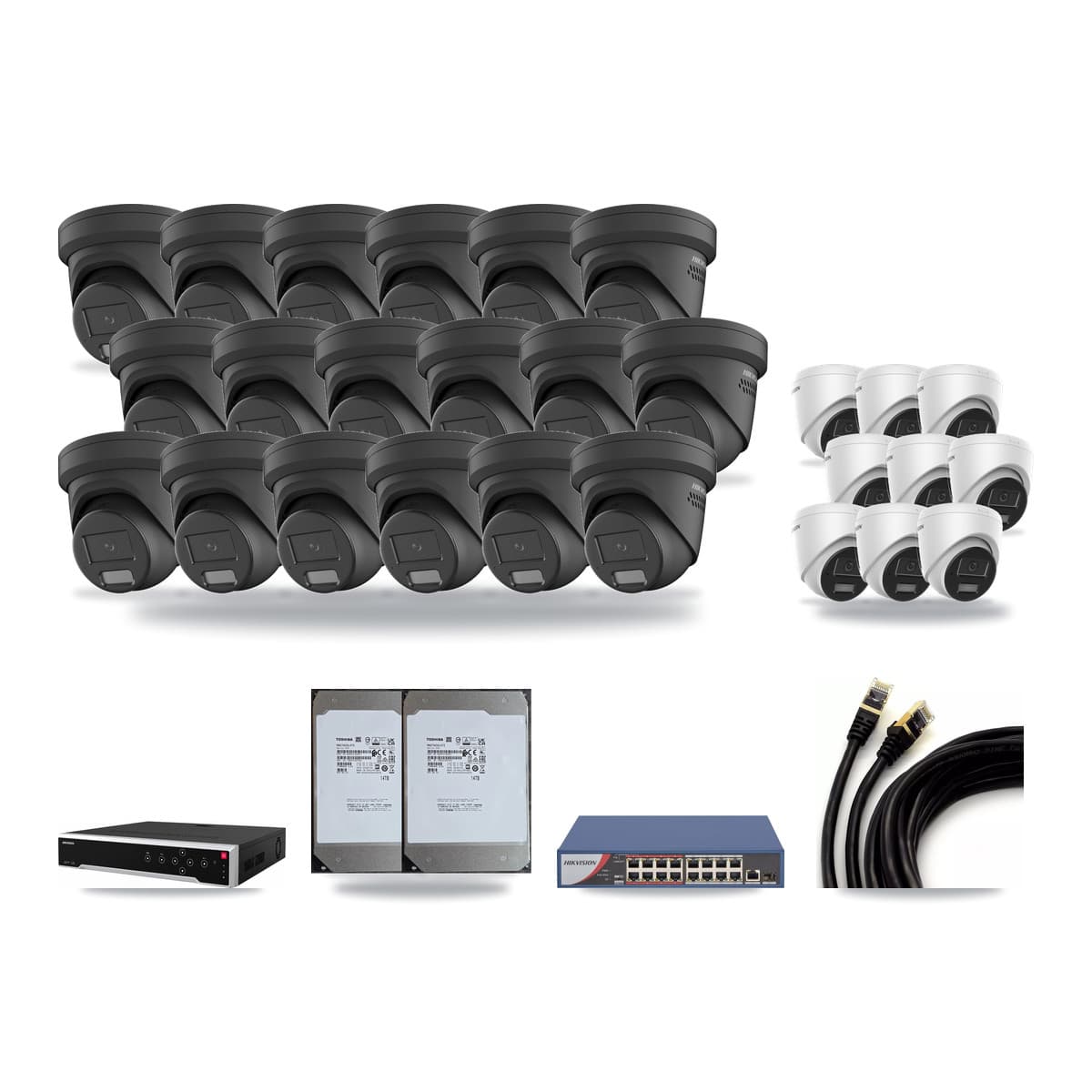 Hikvision 32-Channel 4MP CCTV Kit — 9 DS-2CD1343G2 + 18 DS-2CD2347G2 Turret Cameras + 2× 14TB Recording - Image 1