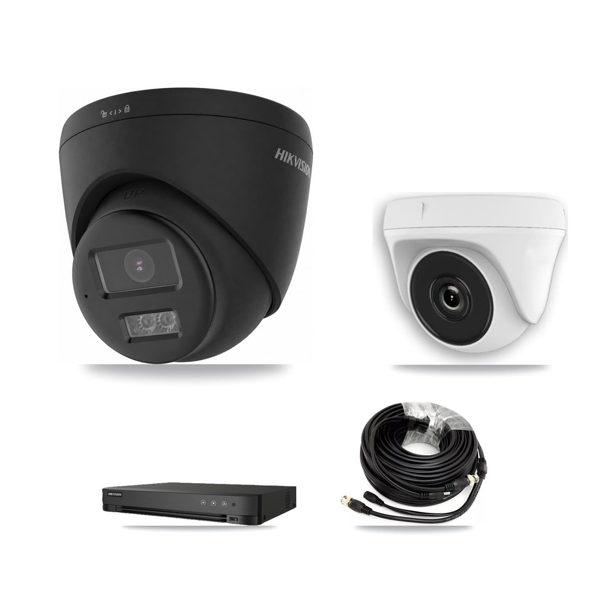 Hikvision 8-Channel 2MP – 4K CCTV Kit — 1 Black DS-2CE78U0T-LTS-BLACK 4K Turret + 1 White HDT-2MP-N20W-2.8MM 2MP Dome Cameras + 3TB Recording (IDS-7208HUHI-M1/E Recorder)