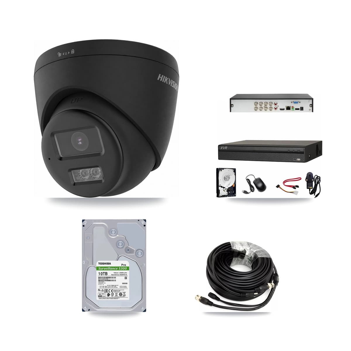 Hikvision & Dahua 8-Channel 4K CCTV Kit — 4 Black Turret Cameras + 10TB Recording (XVR-3108AD Recorder)