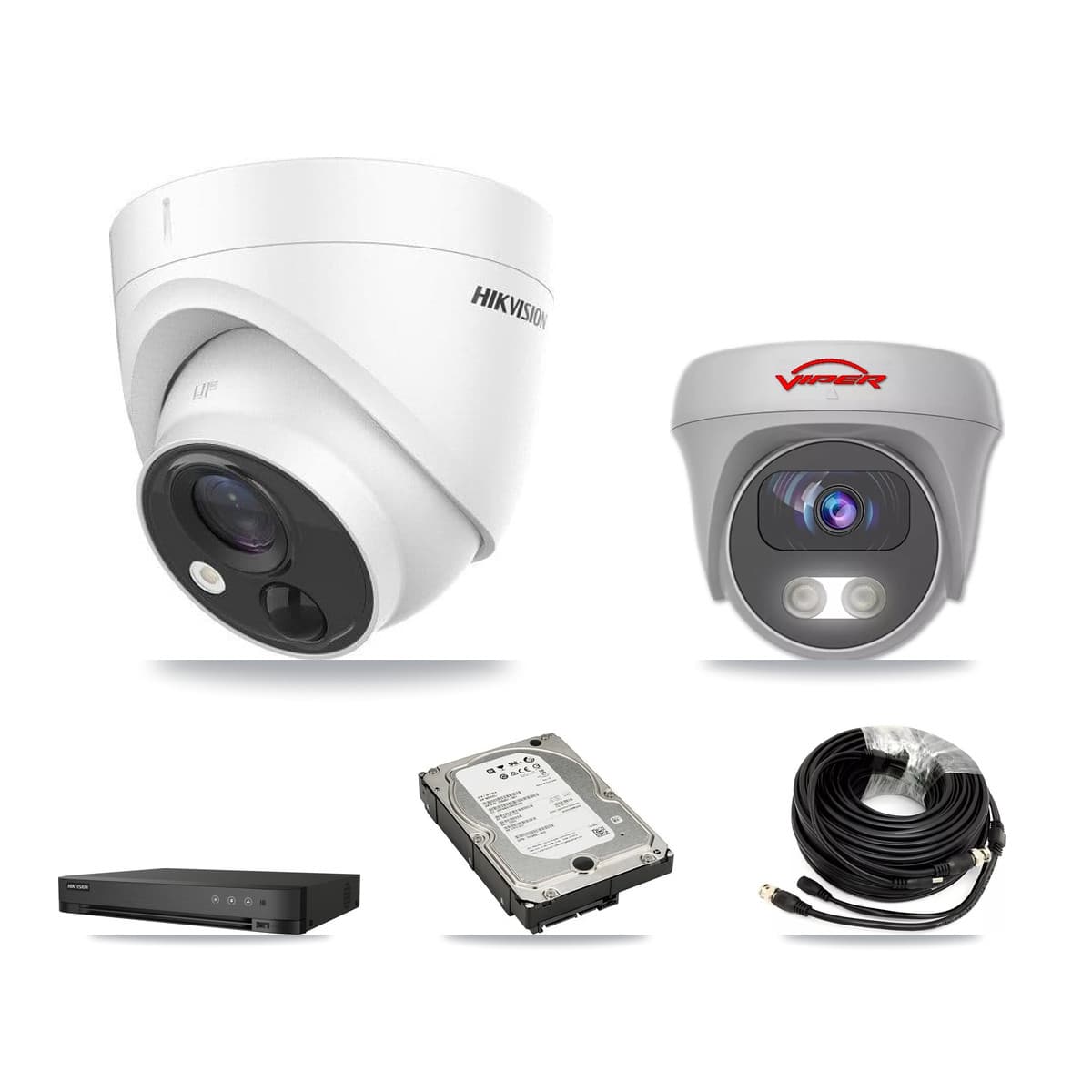 Hikvision & Viper 4-Channel 5MP CCTV Kit — 3 DS-2CE71H0T Turret + 1 White VIPER-5MP-3K Cameras + 5TB Recording (IDS-7204HQHI Recorder)