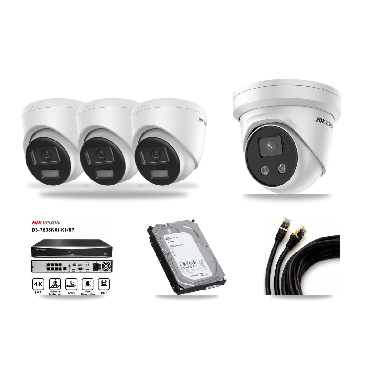 Hikvision 8-Channel 5MP – 4K CCTV Kit — 3 DS-2CD1383G2-LIUF/SL 4K + 1 DS-2CD3356G2-ISU 5MP Turret Cameras + 6TB Recording (DS-7608NXI-K1/8P Recorder) - Image 1