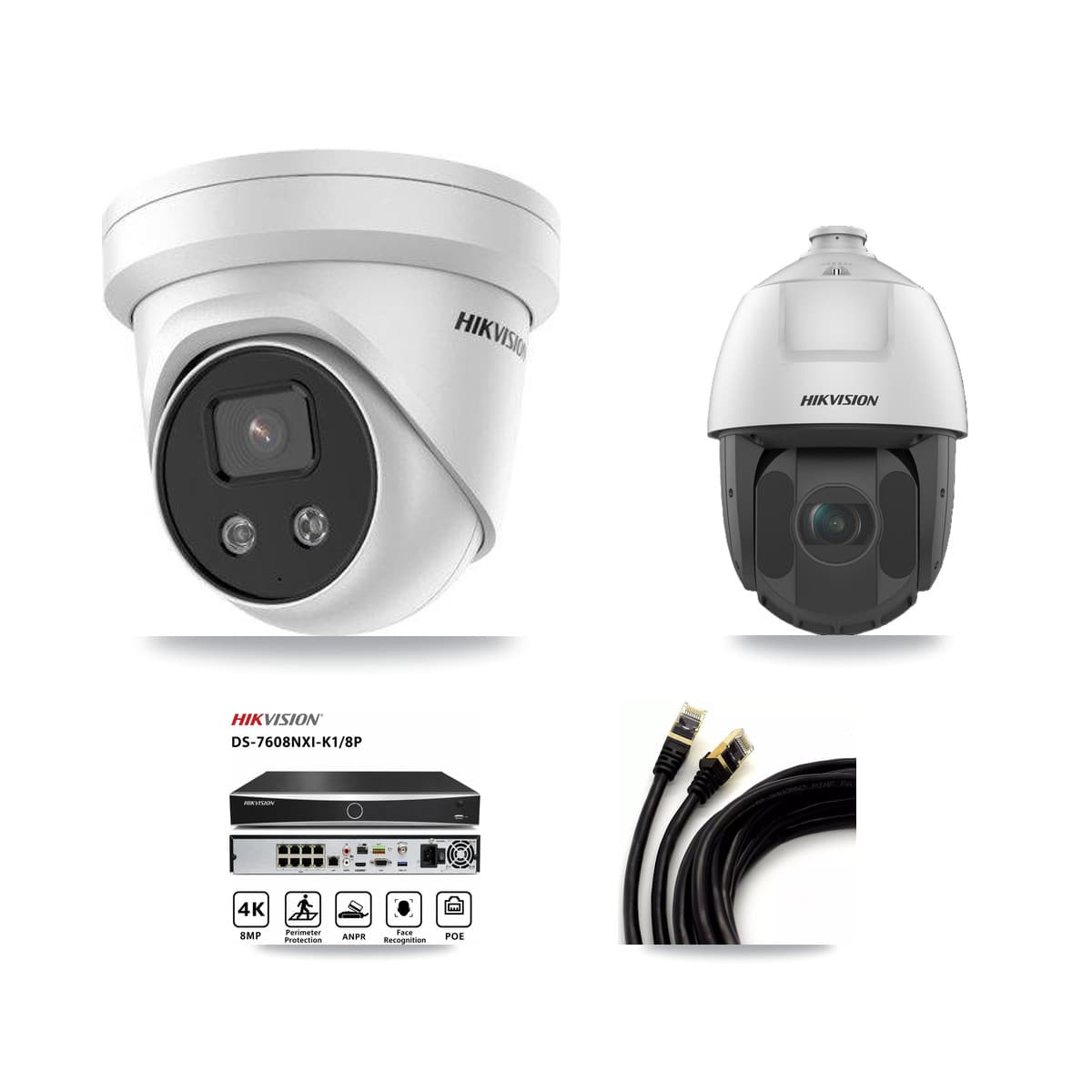 Hikvision 8-Channel 2MP – 5MP CCTV Kit — 6 5MP Turret + 1 2MP PTZ Cameras + 8TB Recording