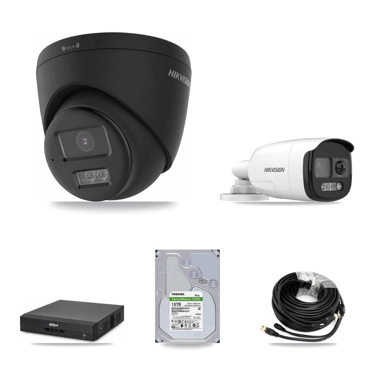 Hikvision & Dahua 4-Channel 5MP – 4K CCTV Kit — 1 5MP Bullet + 3 Black 4K Turret Cameras + 10TB Recording