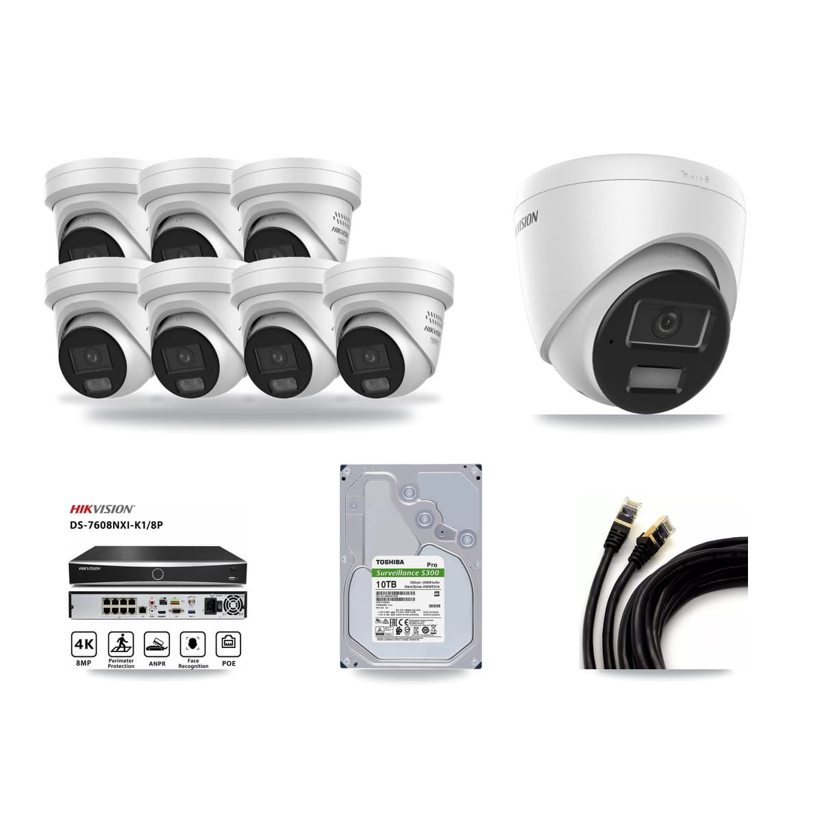 Hikvision 8-Channel 4MP CCTV Kit — 1 DS-2CD1343G2 + 7 DS-2CD2347G3 Turret Cameras + 10TB Recording - Image 1
