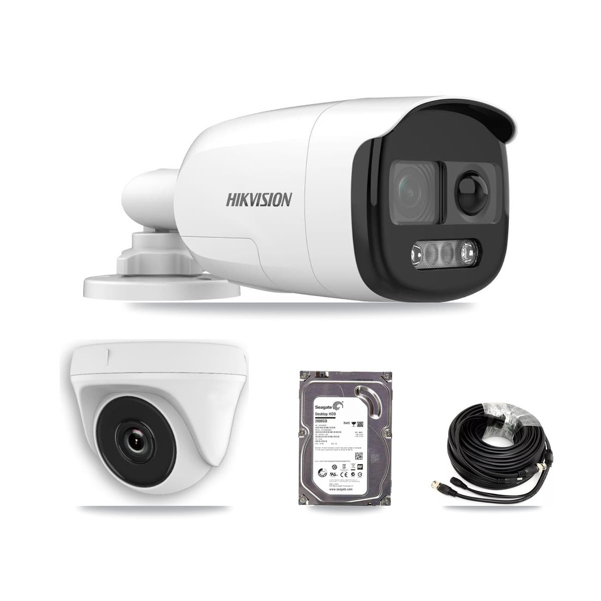 Hikvision 32-Channel 2MP – 5MP CCTV Kit — 1 DS-2CE12KF3T 5MP Bullet + 1 White HDT-2MP-N20W 2MP Dome Cameras + 2TB Recording (IDS-7332HUHI Recorder)