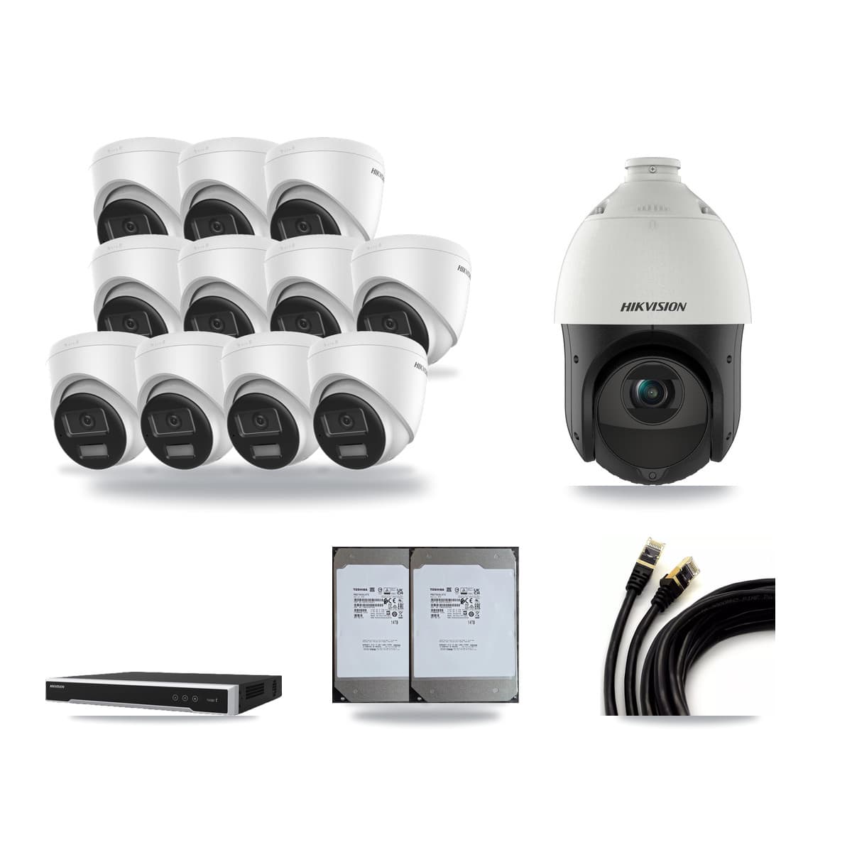 Hikvision 16-Channel 4MP – 4K CCTV Kit — 11 4K Turret + 1 4MP PTZ Cameras + 2× 14TB Recording (DS-7616NI-M2 Recorder) - Image 1