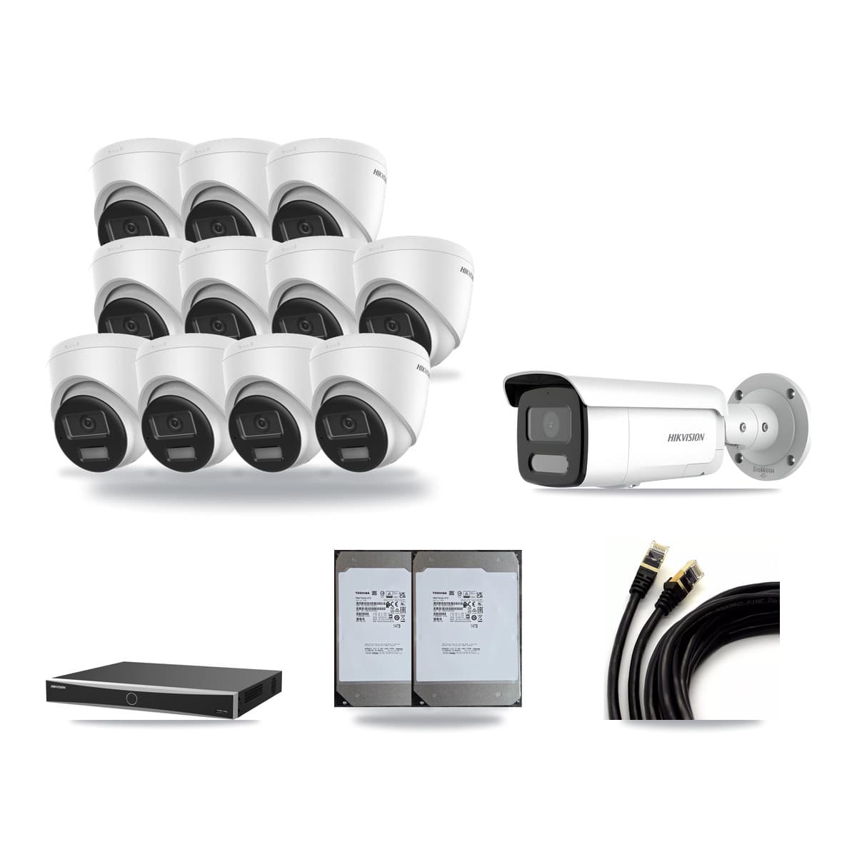 Hikvision 16-Channel 4MP – 4K CCTV Kit — 11 DS-2CD1383G2-LIU 4K Turret + 1 DS-2CD2T47G2H-LISU/SL 4MP Bullet Cameras + 2× 14TB Recording (DS-7616NXI-K2/16P(E) Recorder) - Image 1