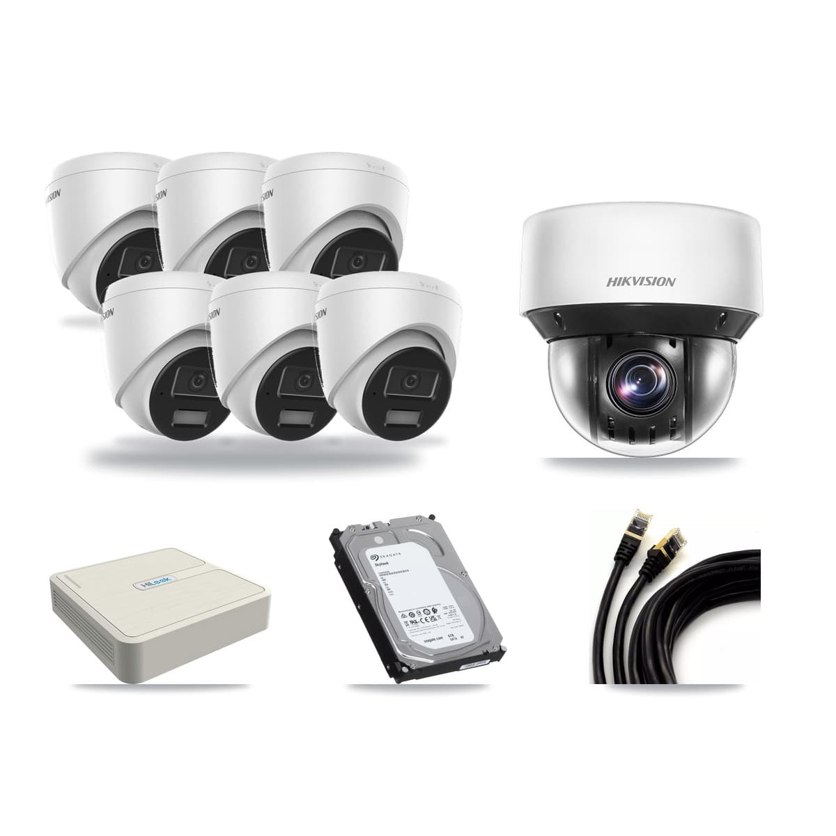Hikvision & HiLook 8-Channel 4MP CCTV Kit — 6 DS-2CD1343G2 Turret + 1 DS-2DE4A425IW PTZ Cameras + 6TB Recording - Image 1