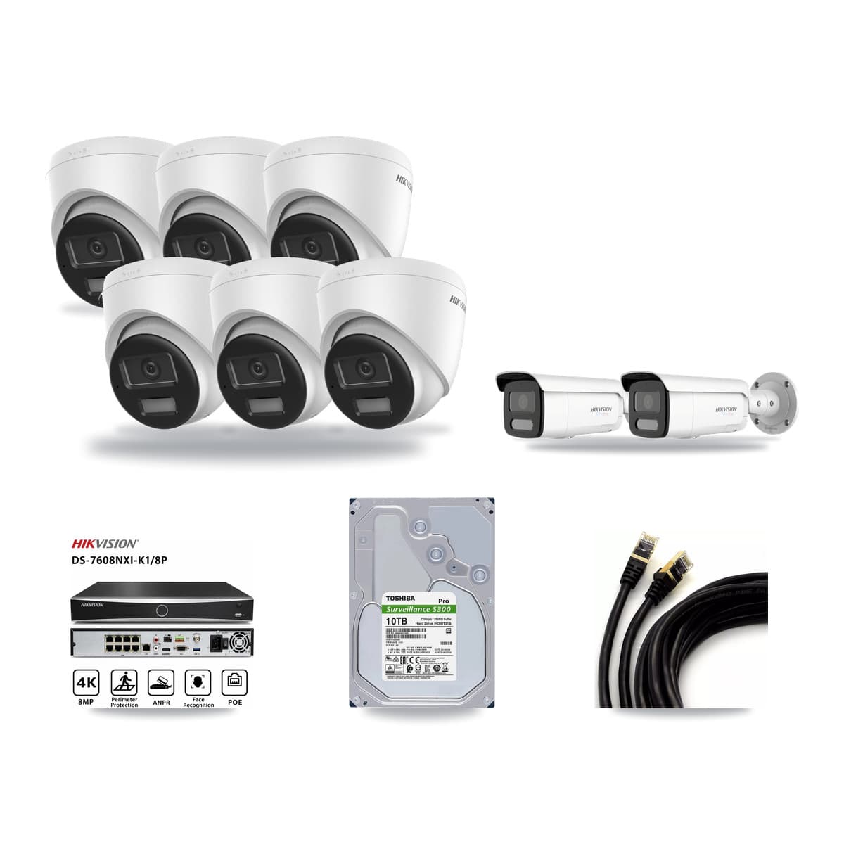 Hikvision 8-Channel 4K CCTV Kit — 6 DS-2CD1383G2-LIU Turret + 2 White DS-2CD2T87G2H-LISU/SL-2.8MM-W Bullet Cameras + 10TB Recording (DS-7608NXI-K1/8P Recorder) - Image 1