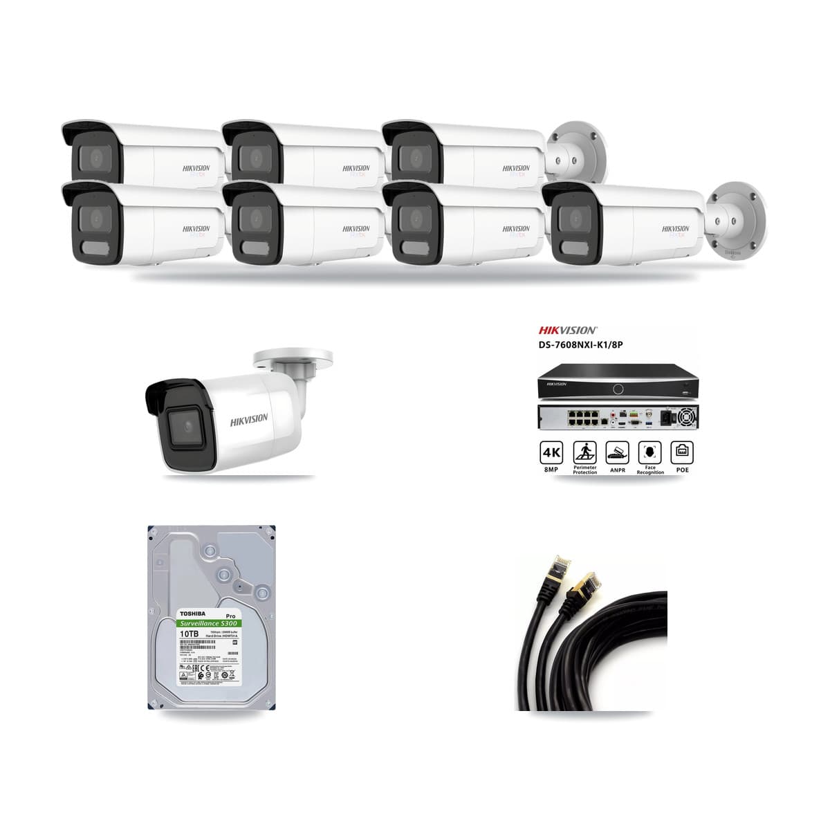 Hikvision 8-Channel 4K CCTV Kit — 1 DS-2CD2085G1 + 7 DS-2CD2T87G2H Bullet Cameras + 10TB Recording - Image 1