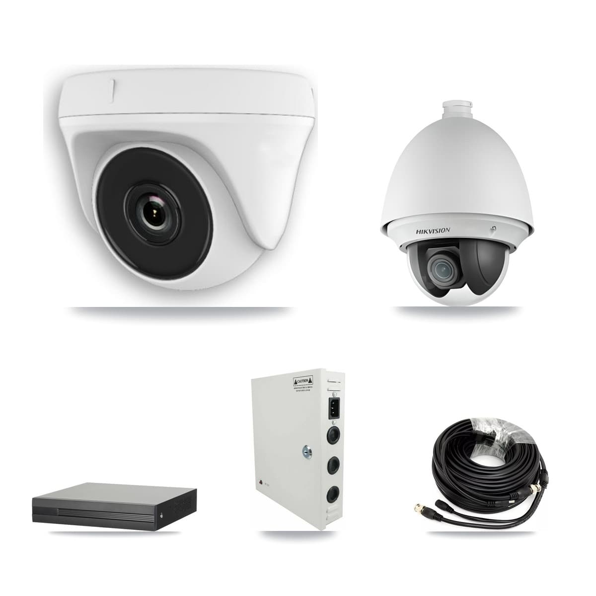 Hikvision 4-Channel 2MP CCTV Kit — 1 DS-2AE4225T PTZ + 3 White HDT-2MP-N20W Dome Cameras + 3TB Recording (XVR-3104HS Recorder)