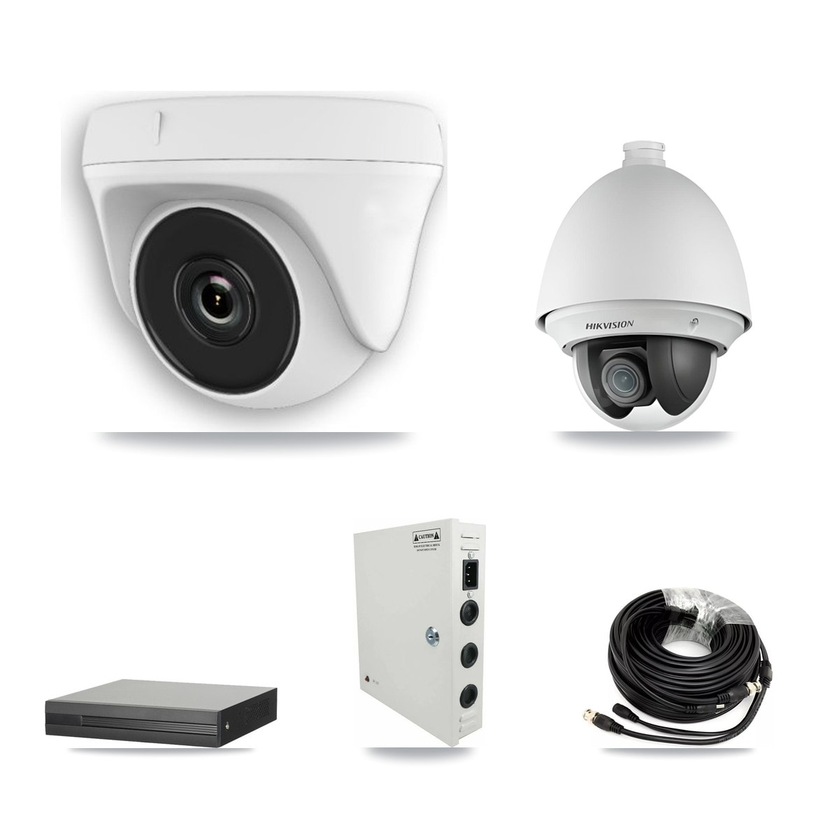 Hikvision 4-Channel 2MP CCTV Kit — 1 DS-2AE4225T PTZ + 3 White HDT-2MP-N20W Dome Cameras + 3TB Recording (XVR-3104HS Recorder)