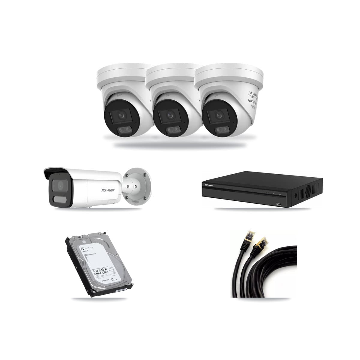 Hikvision & Prolux 4-Channel 4MP CCTV Kit — 3 DS-2CD2347G3 Turret + 1 DS-2CD2T47G2H Bullet Cameras + 6TB Recording - Image 1