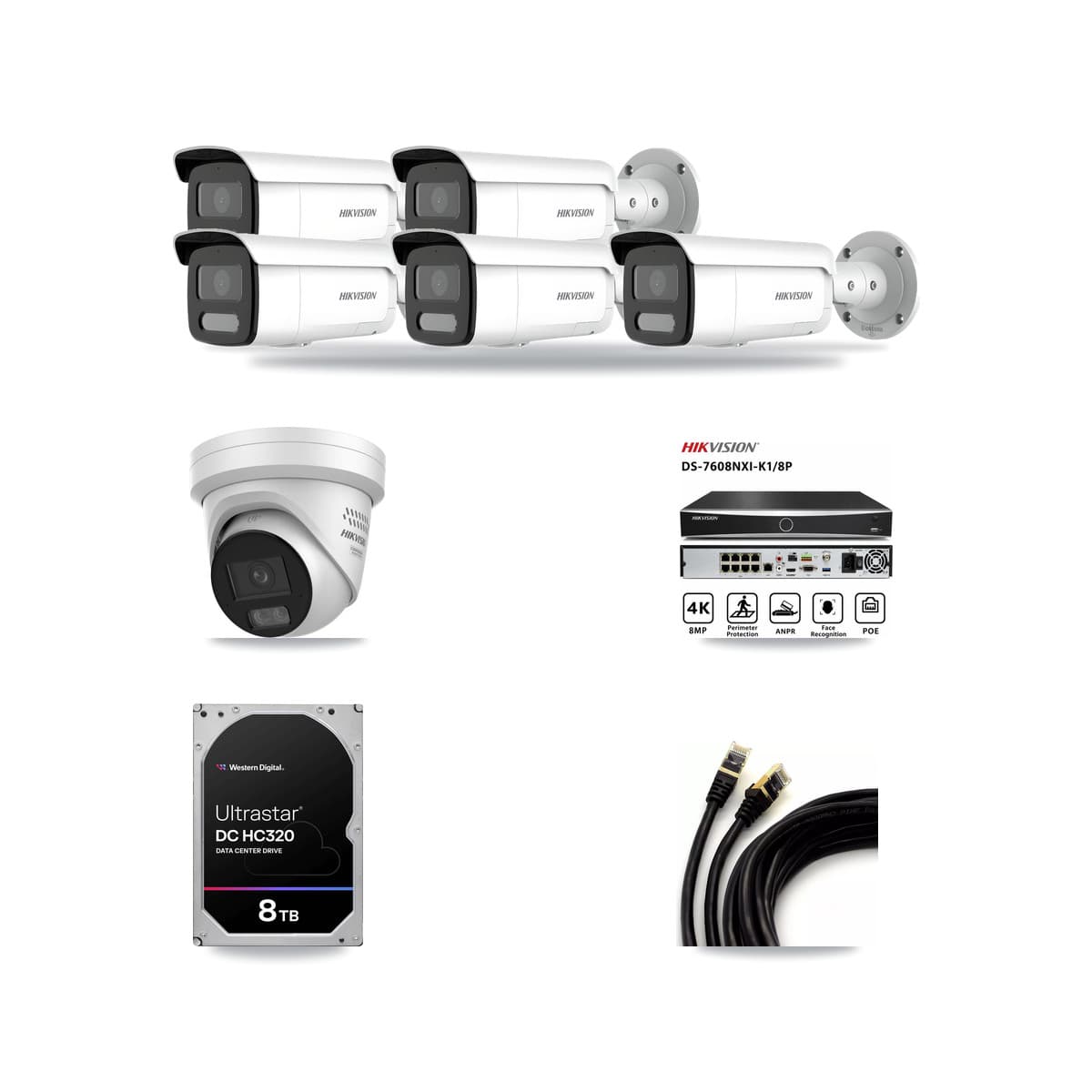 Hikvision 8-Channel 4MP CCTV Kit — 1 DS-2CD2347G3 Turret + 5 DS-2CD2T47G2H Bullet Cameras + 8TB Recording - Image 1