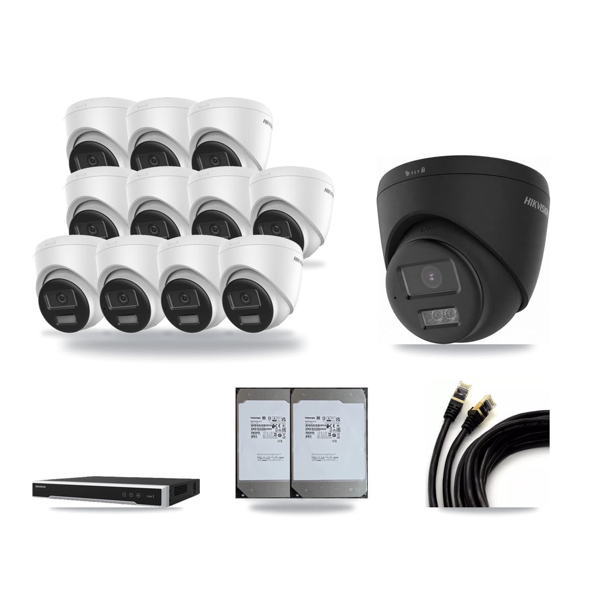 Hikvision 16-channel CCTV kit: 12 cameras (11× 4K Turret DS-2CD1383G2-LIUF/SL + 1× 4K Turret DS-2CD1383G2-LIUF/SL-BLACK), 2× 14TB hard drive