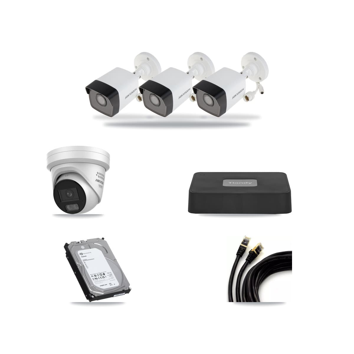Tiandy 4-channel CCTV kit: 4 cameras (3× 5MP Bullet + 1× 4MP Turret), 6TB hard drive