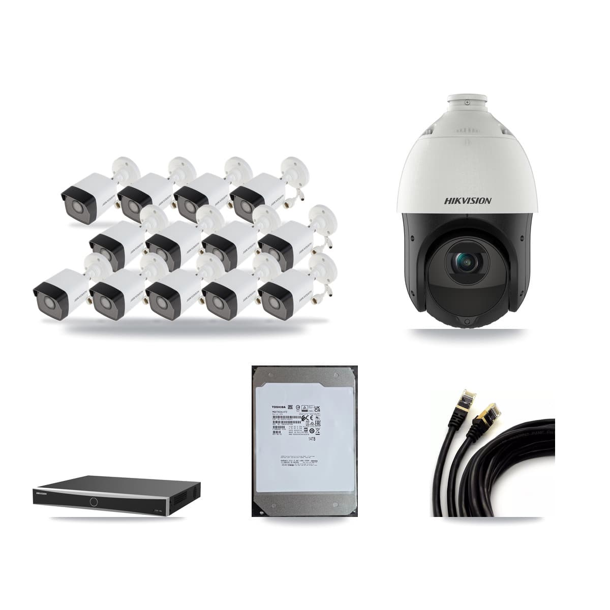 Hikvision 16-Channel 4MP – 5MP CCTV Kit — 13 5MP Bullet + 1 4MP PTZ Cameras + 14TB Recording (DS-7616NXI Recorder) - Image 1