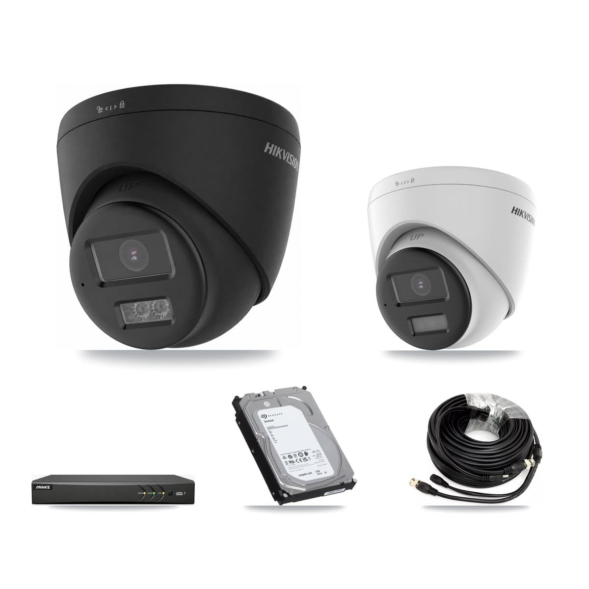 Hikvision & ANNKE 4-Channel 5MP – 4K CCTV Kit — 1 DS-2CE78K0T-LPTS 5MP + 3 Black DS-2CE78U0T-LTS-BLACK 4K Turret Cameras + 6TB Recording (AN-DV4-8MP-D941BB Recorder)