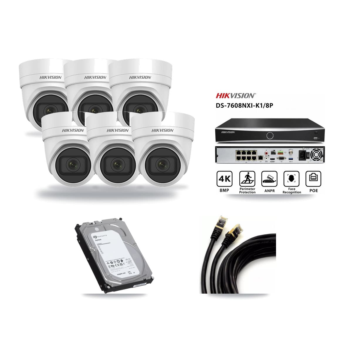 Hikvision 8-Channel 4K CCTV Kit — 6 DS-2CD2H83G0 Turret Cameras + 6TB Recording (DS-7608NXI Recorder) - Image 1