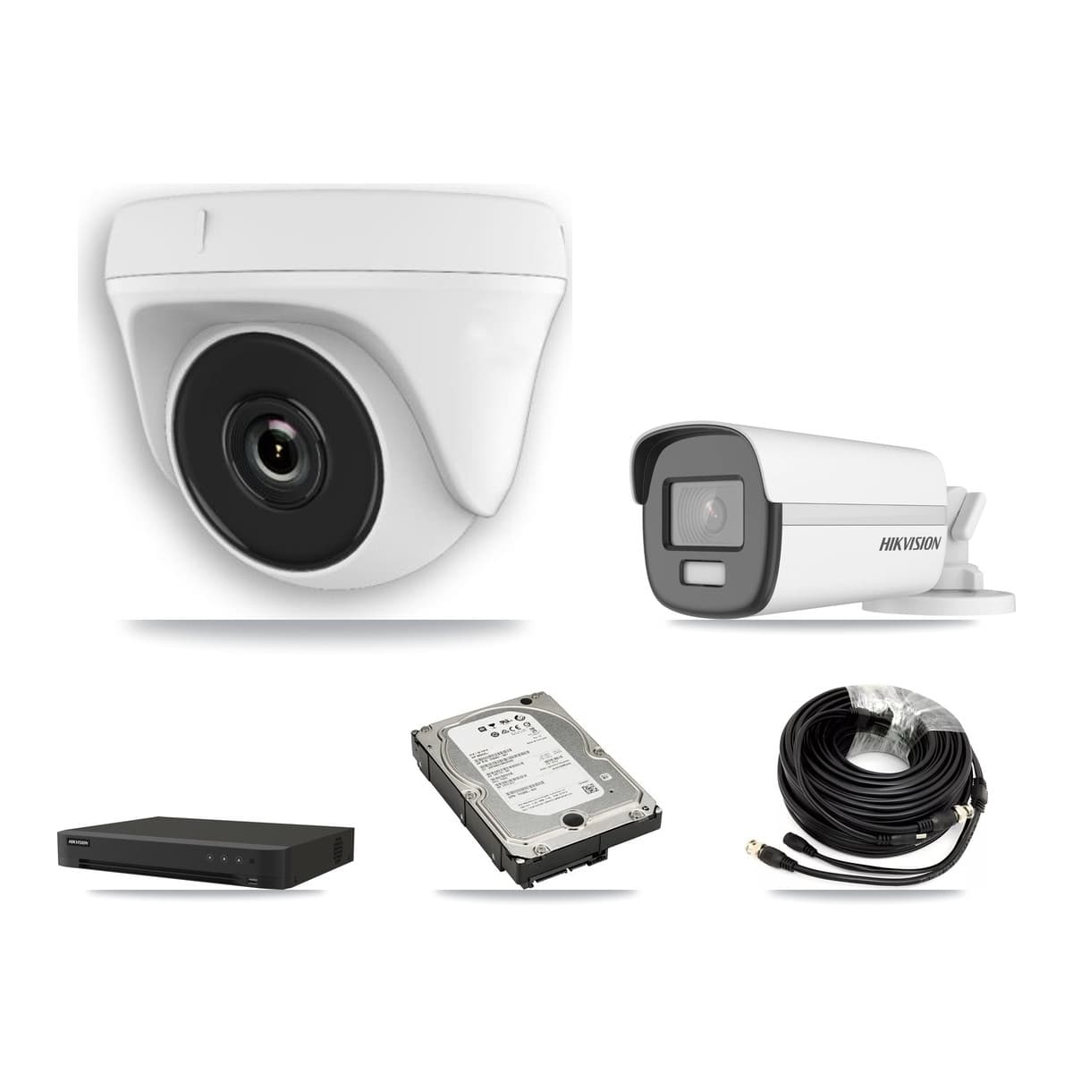 Hikvision 8-Channel 2MP – 4K CCTV Kit — 1 DS-2CE12UF3T-E 4K Bullet + 4 White HDT-2MP-N20W-2.8MM 2MP Dome Cameras + 5TB Recording (IDS-7208HUHI-M1/XT Recorder)