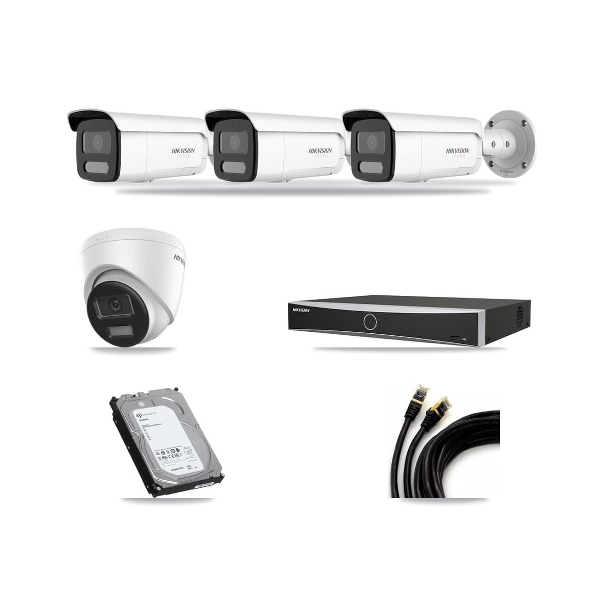 Hikvision 4-Channel 4K CCTV Kit — 1 DS-2CD1383G2-LIU Turret + 3 White DS-2CD2T87G2H-LISU/SL-2.8MM-W Bullet Cameras + 6TB Recording (DS-7604NXI-K1/4P Recorder) - Image 1