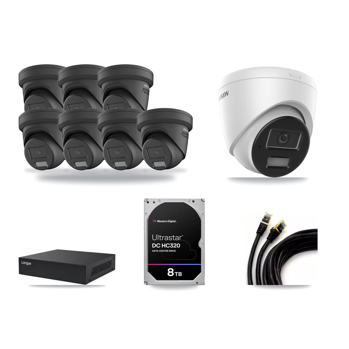 Hikvision & Longse 8-Channel 4MP CCTV Kit — 1 DS-2CD1343G2 + 7 DS-2CD2347G2 Turret Cameras + 8TB Recording - Image 1
