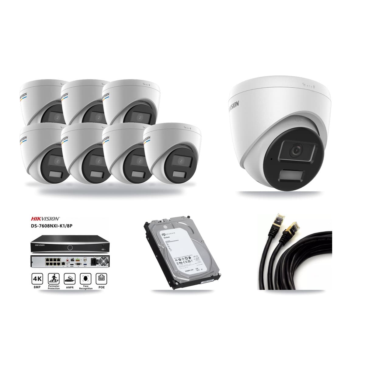 Hikvision 8-channel CCTV kit: 8 cameras (7× 2MP Turret + 1× 4MP Turret), 6TB hard drive
