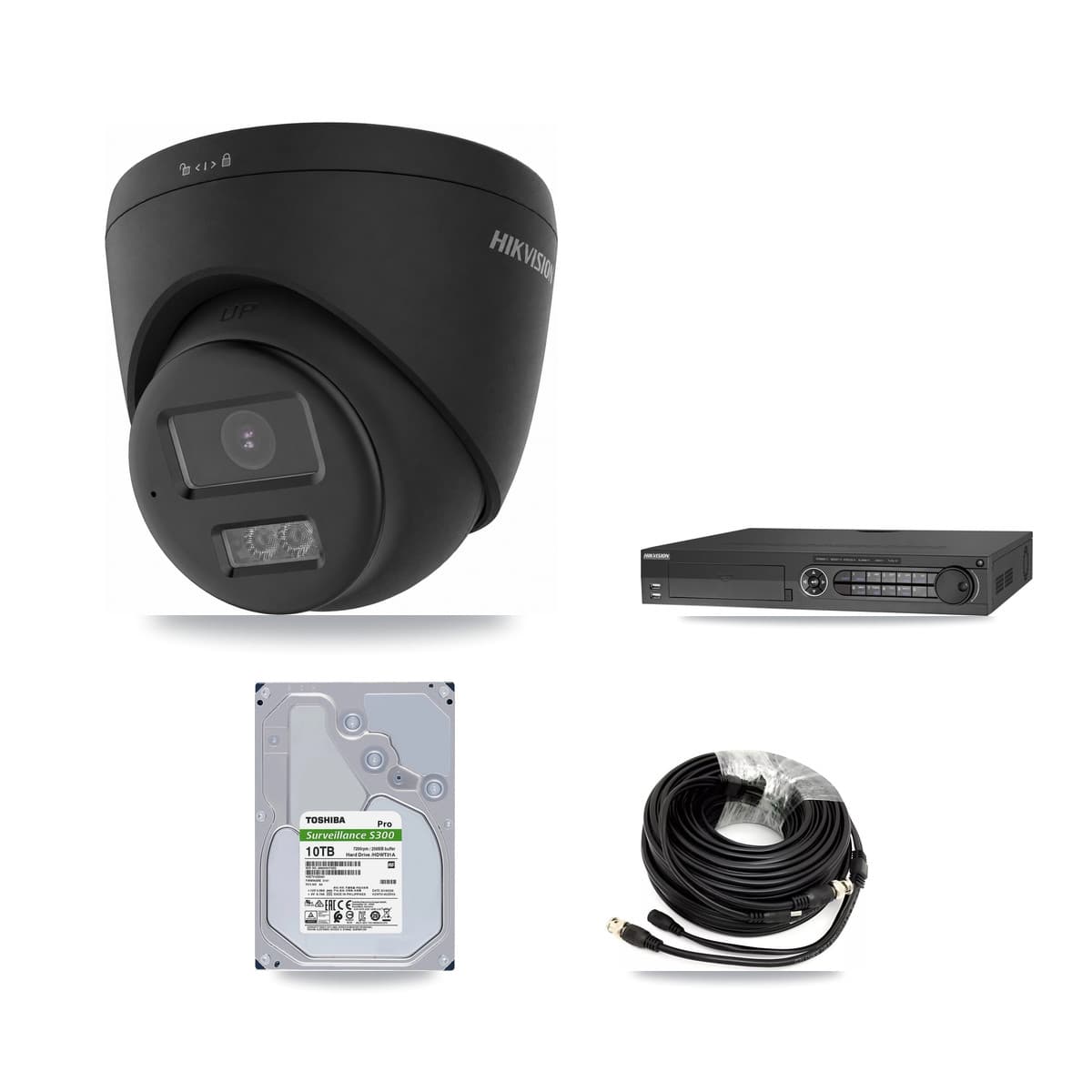 Hikvision 32-Channel 4K CCTV Kit — 8 Black Turret Cameras + 2× 10TB Recording