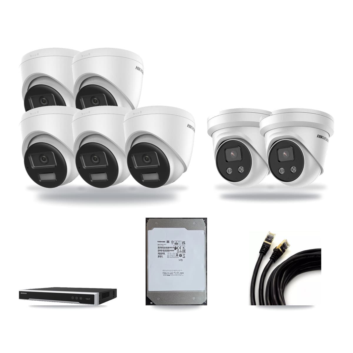 Hikvision 8-channel CCTV kit: 7 cameras (5× 4K Turret + 2× 5MP Turret), 14TB hard drive