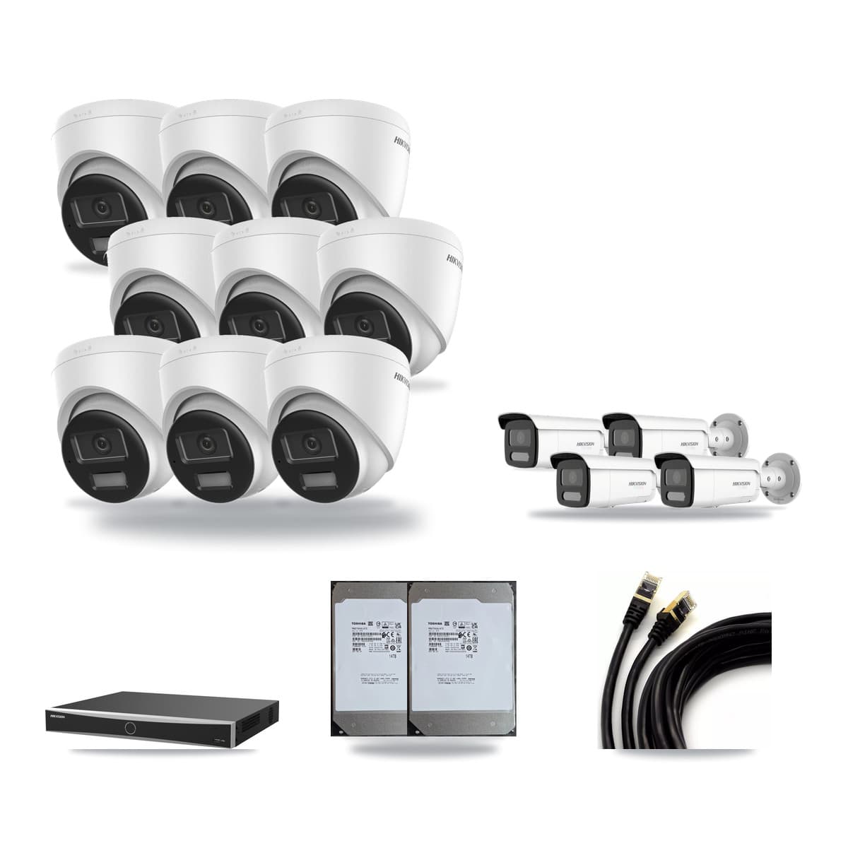 Hikvision 16-Channel 4K CCTV Kit — 9 DS-2CD1383G2-LIU Turret + 4 White DS-2CD2T87G2H-LISU/SL-2.8MM-W Bullet Cameras + 2× 14TB Recording (DS-7616NXI-K2/16P(E) Recorder) - Image 1