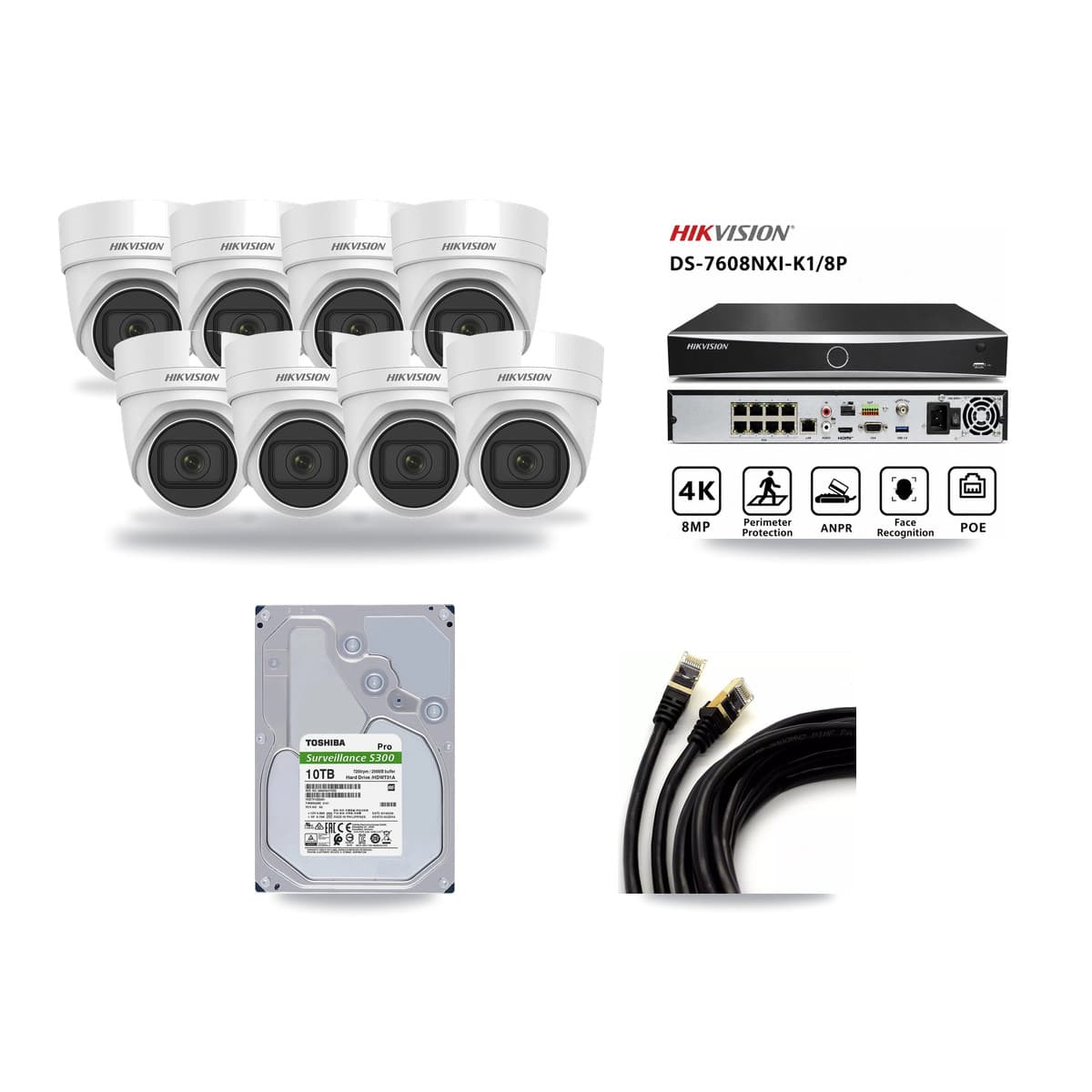 Hikvision 8-Channel 4MP CCTV Kit — 8 DS-2CD2H45FWD Turret Cameras + 10TB Recording (DS-7608NXI Recorder) - Image 1