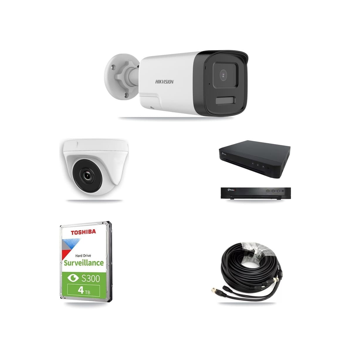 Hikvision & Prolux 16-Channel 2MP – 5MP CCTV Kit — 2 DS-2CE17K0T 5MP Bullet + 2 White HDT-2MP-N20W 2MP Dome Cameras + 4TB Recording
